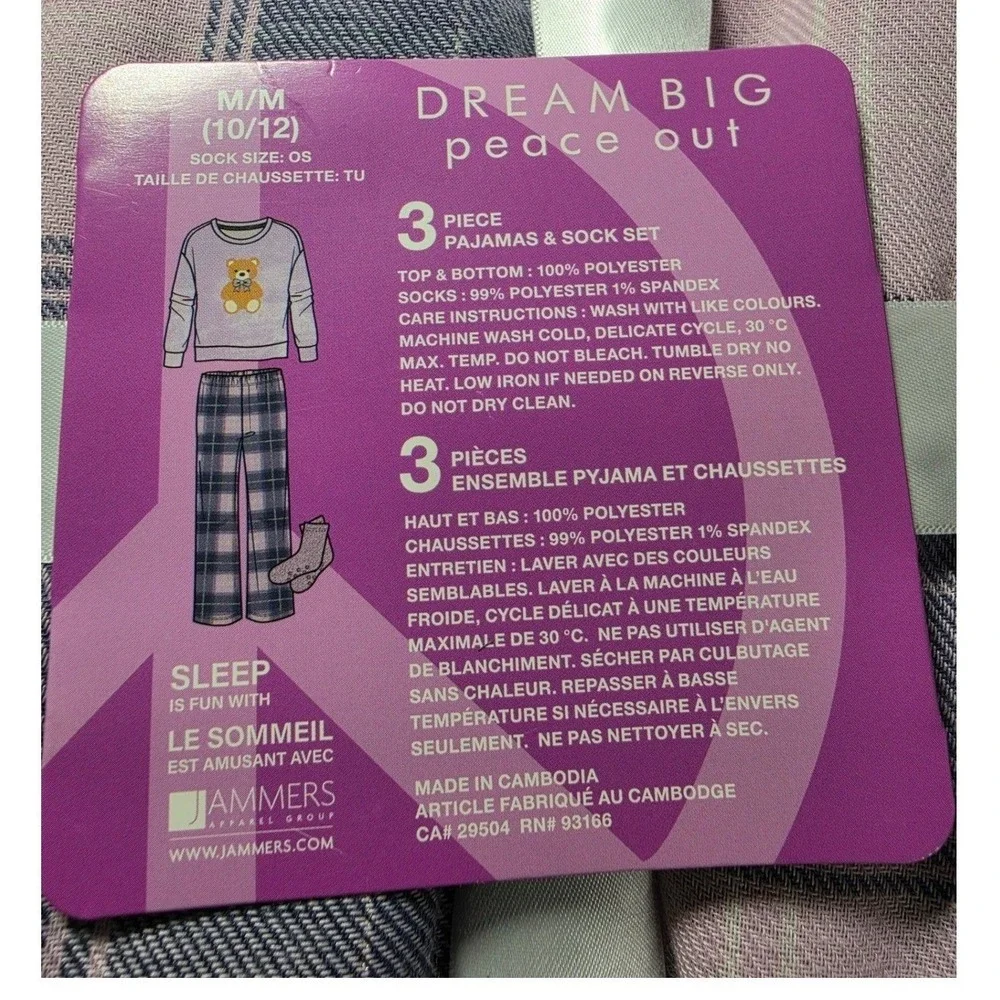 Dream Big Peace Out Kids Pink Bear Plaid 3 Piece Pajama Set Socks M 10/12 NWT